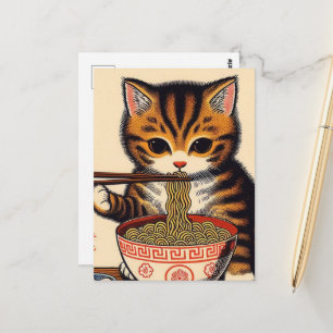 Bruin Tabby Kitten Eating Ramen Woodblock Print Briefkaart