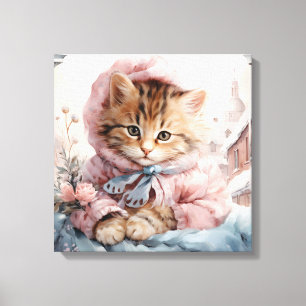 Bruin tabby kitten gekleed in roze in een venster canvas afdruk