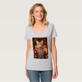 Bruin Tabby met bloemen en Victoriaans stijl T-shirt (Voorkant volledig)