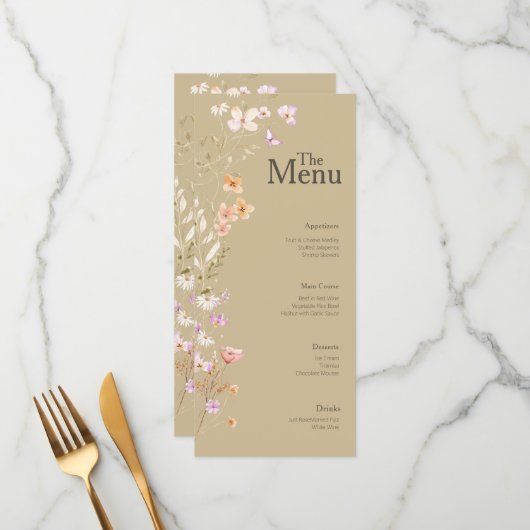 Bruin Tan Bloemen Wedding Event Menu Tafel Decor (Voorkant / Achterkant in situ)