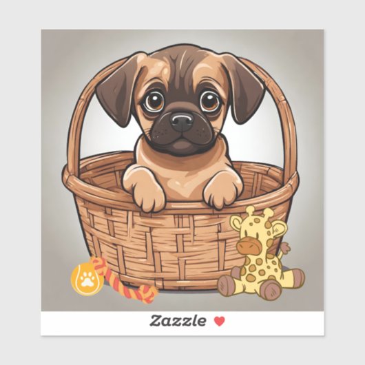 Bruin Tan Dachshund Pug Puppy Zittend in Mand Sticker (Vel)