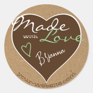 Bruin Teal Kraft Papier Gemaakt met Liefde Hartvor Ronde Sticker