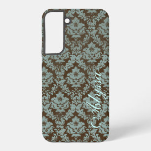 Bruin/teal versleten damast met naam samsung galaxy hoesje