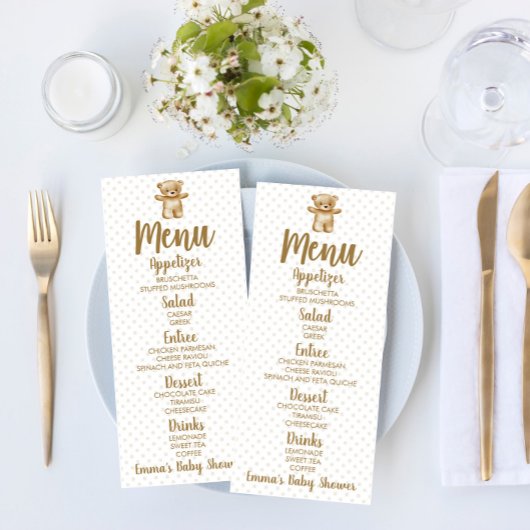 Bruin Teddy Bear Polka Dots Baby shower Menu