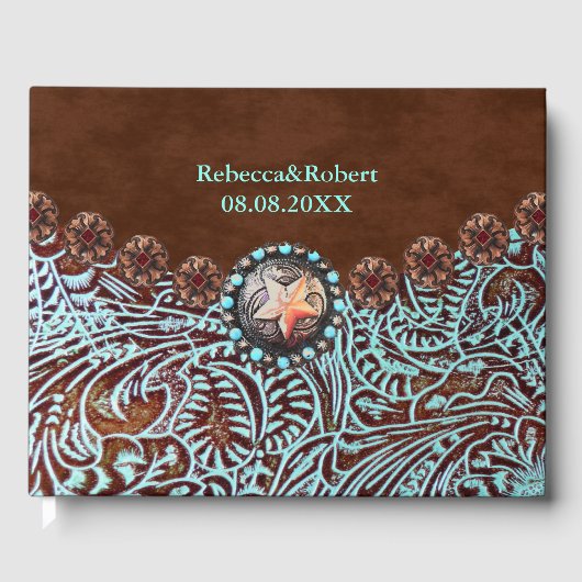 bruin turkooise western landschapsleer gastenboek (Voorkant)