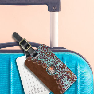 bruin turquoise western land gestempeld leer bagagelabel