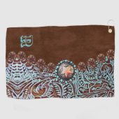Bruin turquoise western landpatroon monogram golfhanddoek (Horizontaal)