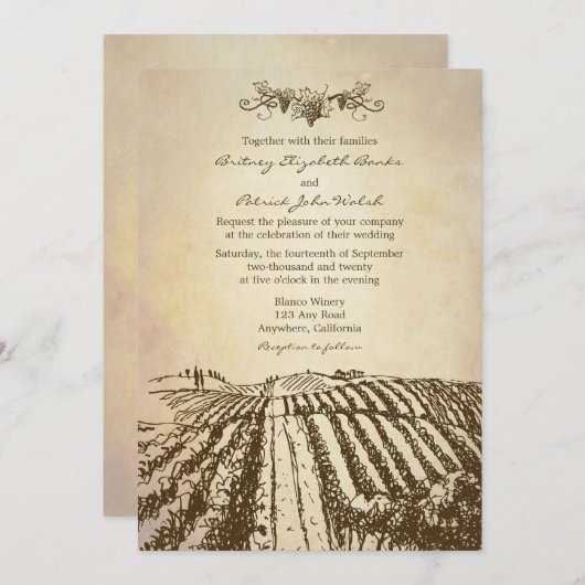 Bruin Tuscan Winery Vineyard Wedding Invitations Kaart (Voorkant / Achterkant)