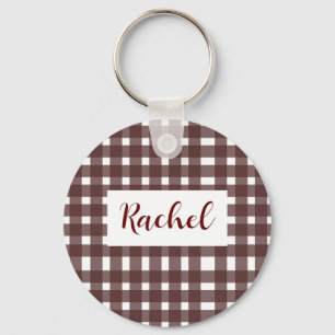Bruin White Gingham, gepersonaliseerd Sleutelhanger