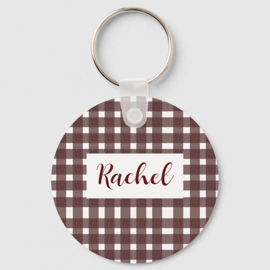 Bruin White Gingham, gepersonaliseerd Sleutelhanger (Voorkant)