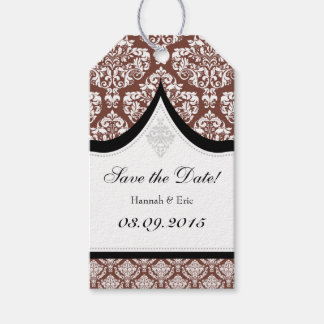 Bruin Wit Damask Sla de datum Labels op Cadeaulabel