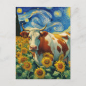 Bruin Wit Koe in een Faux Van Gogh Zonnebloemveld Briefkaart (Voorkant)