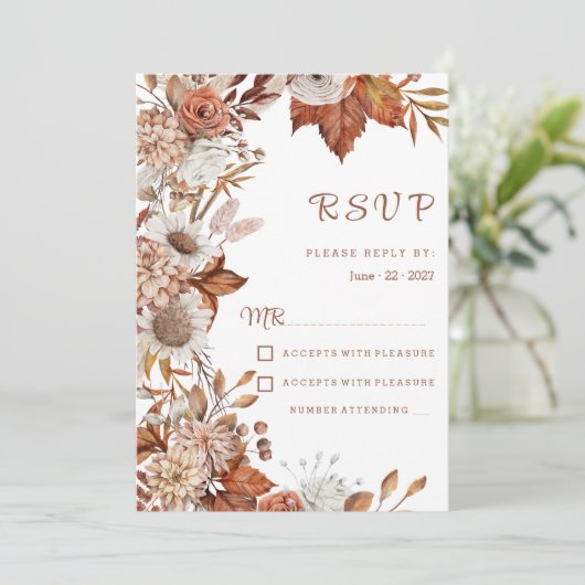 Bruin wit sinaasappel herfst bloemenrustiek RSVP Kaart (Staand voorkant)