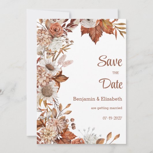 Bruin wit sinaasappel herfst flora rustiek Save th Kaart (Voorkant)
