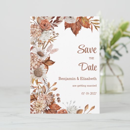 Bruin wit sinaasappel herfst flora rustiek Save th Kaart (Staand voorkant)