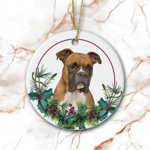 Bruin witte boxer Dog Evergreen Wreath Keramisch Ornament