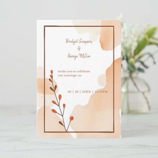 Bruine abstracte Boho Minimale Bloemen Trouwen Kaart (Staand voorkant)