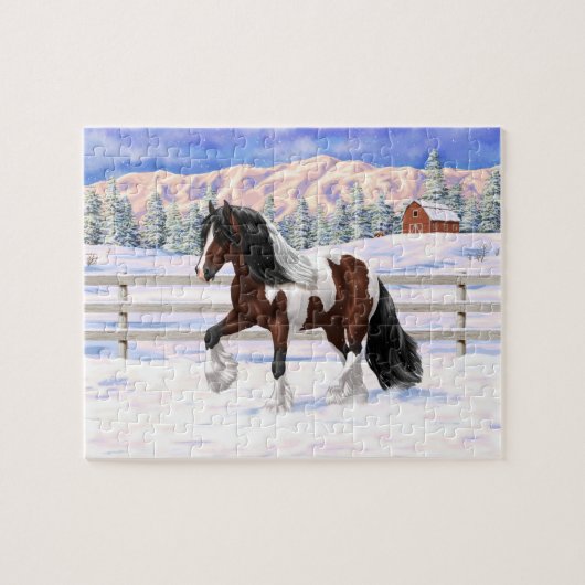 Bruine baai met zigeunerbanner ontwerppaard in sne legpuzzel (Horizontaal)