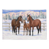 Bruine Bay Quarter Paarden in sneeuw Kussensloop (Achterkant-Rechts)