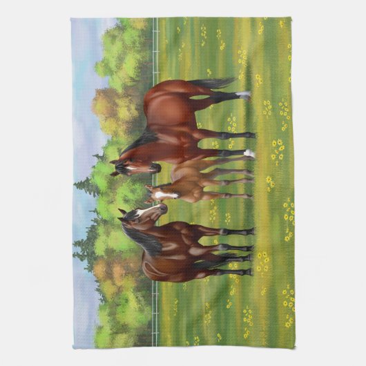 Bruine bazardpaarden in zomerperiode theedoek (Verticaal)