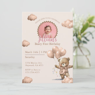 Bruine Beary Eerste Verjaardag Meisje Foto Kaart