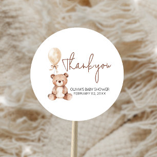 Bruine Beer Ballon Baby Shower Ronde Sticker