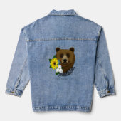 Bruine Beer Blauwe Bloemen Veer Wilde Dieren Denim Jacket (Achterkant)