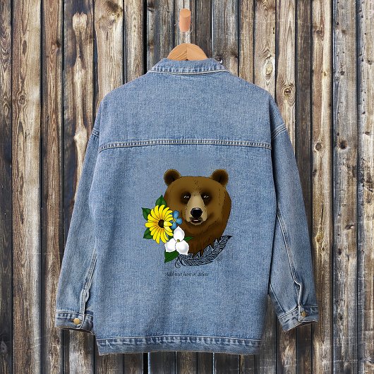 Bruine Beer Blauwe Bloemen Veer Wilde Dieren Denim Jacket