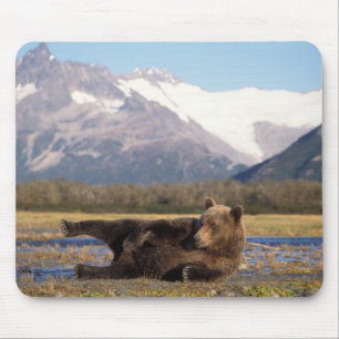 Bruine beer, grizzlybeer die zich op de rug uitstr muismat