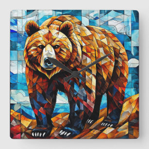 Bruine Beer 🐻✨ Rustieke Bosmozaïek Natuur Kunst Vierkante Klok