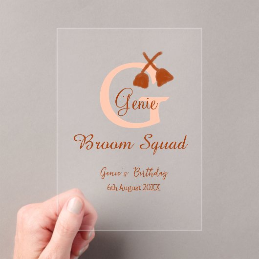 Bruine bezem Squad Verjaardag naam perzik monogram Acryl Uitnodigingen (Insitu (Draagbaar))