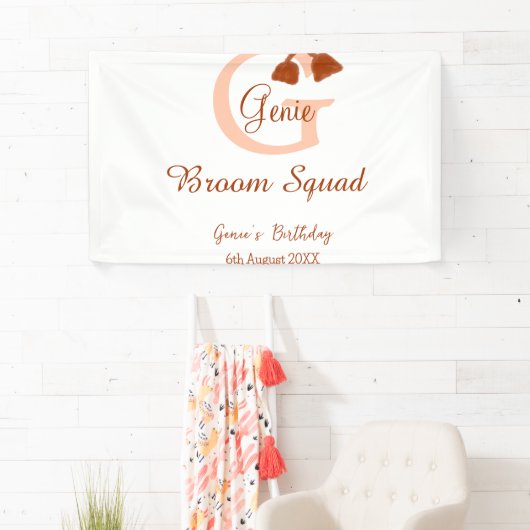 Bruine bezem Squad Verjaardag naam perzik monogram Spandoek (Insitu)