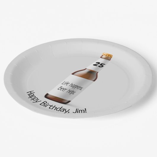 Bruine bierfles voor 25e verjaardag papieren bordje (Gekanteld)