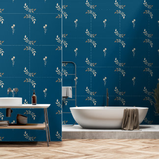 Bruine Bloemenlijn Kunst op Blauwe Oceaan: Peel & Behang