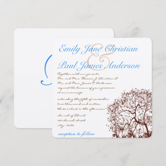 Bruine Boom Aqua Blue Font Wedding Invitation Kaart (Voorkant / Achterkant)
