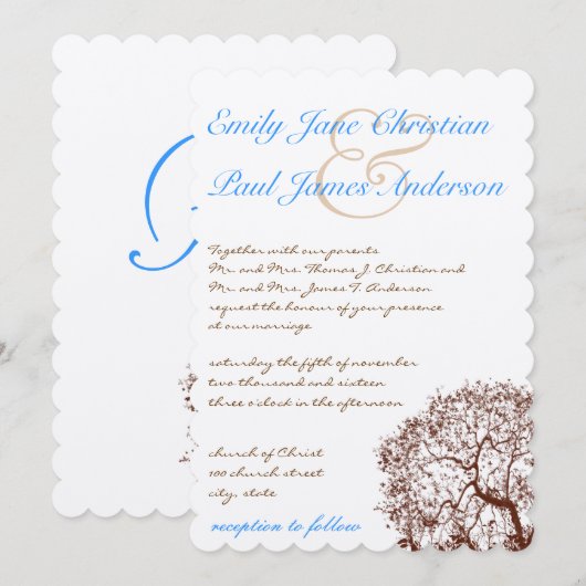 Bruine Boom Aqua Blue Font Wedding Invitation Kaart (Voorkant / Achterkant)