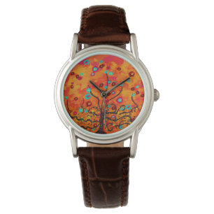 Bruine boom van het leven W/ bloemen & Oranje kleu Horloge