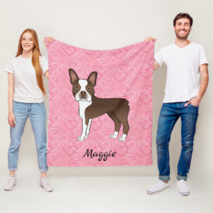 Bruine Boston Terrier Hond Op Roze Harten En Naam Fleece Deken