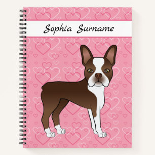 Bruine Boston Terrier Hond Op Roze Harten En Tekst Notitieboek
