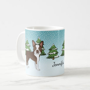 Bruine Boston Terrier In Een Winterbos & Naam Koffiemok