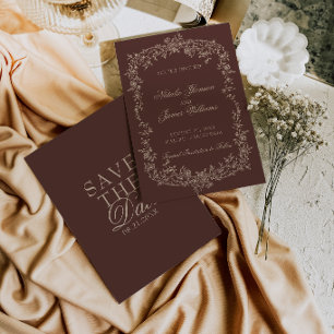 Bruine Botanische Oud Geld Huwelijk Chocolade Bloe Save The Date