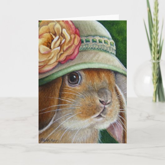 Bruine Bunny Rabbit in Spring Bonnet Waterverf Art Kaart (Voorkant)