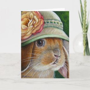 Bruine Bunny Rabbit in Spring Bonnet Waterverf Art Kaart