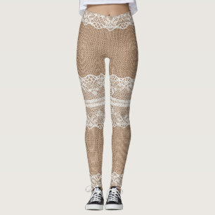Bruine burlap off-white kanten textuur leggings