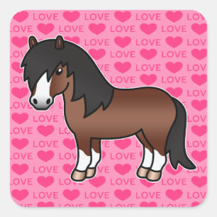 Bruine Cartoon Shetlandpony Liefdeshartjes Vierkante Sticker
