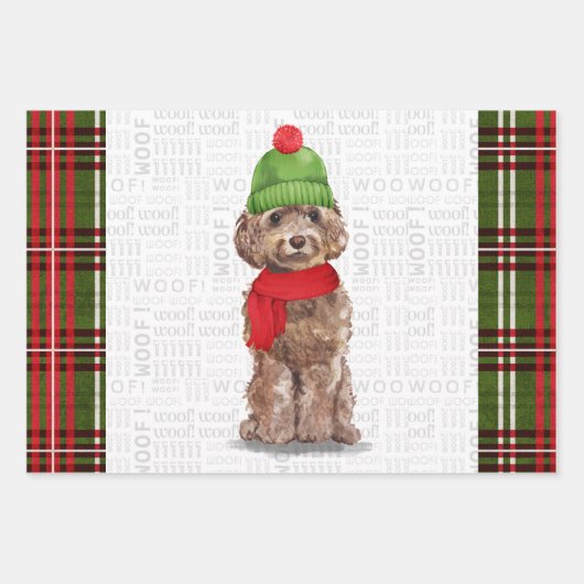 Bruine Cockapoo Kersthond en Plaid Inpakpapier Vel (Voorkant)