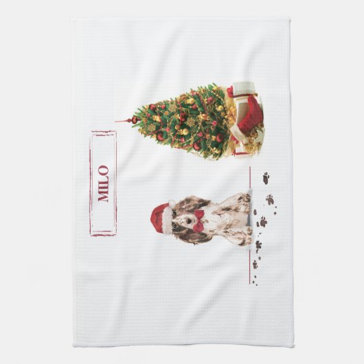 Bruine Cocker Spaniel Funny Kersthond met boom Theedoek (Verticaal)