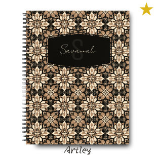 Bruine Crème Bloemen Spaans Tegel Naam Monogram Notitieboek