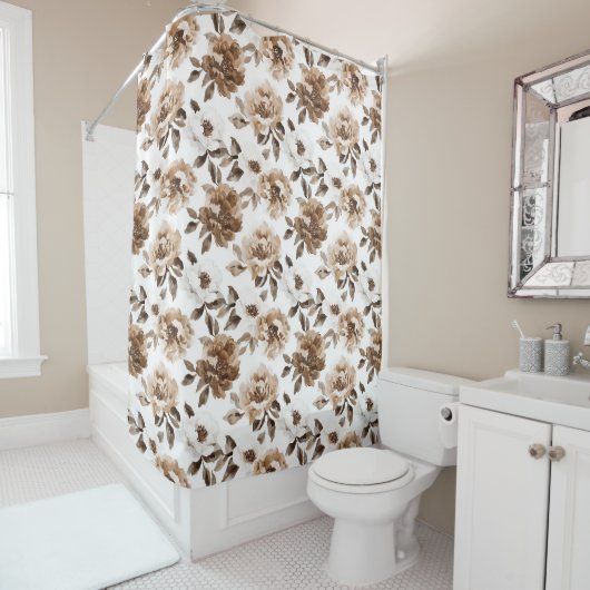 Bruine Crème Witte Bloemen Kerstmis Douchegordijn (In situ)