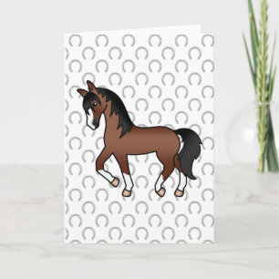 Bruine Dravende Paard Mooie Cartoon Illustratie Kaart